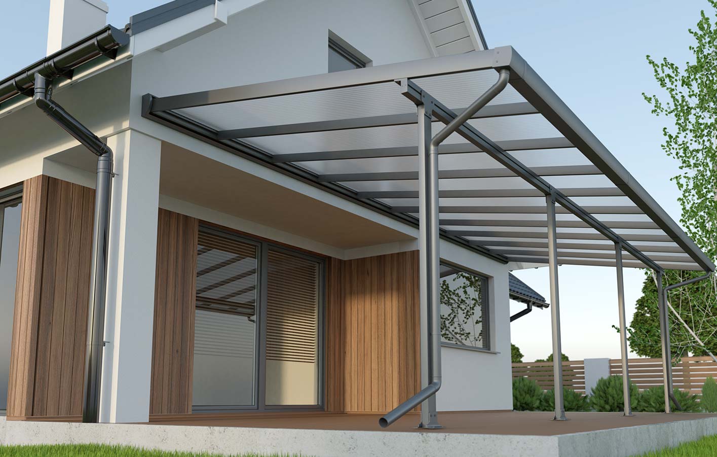 Zeitlose und elegante Aluminium-Terrassenüberdachung Zeitlose Aluminium-Terrassenüberdachung an einem modernen Haus